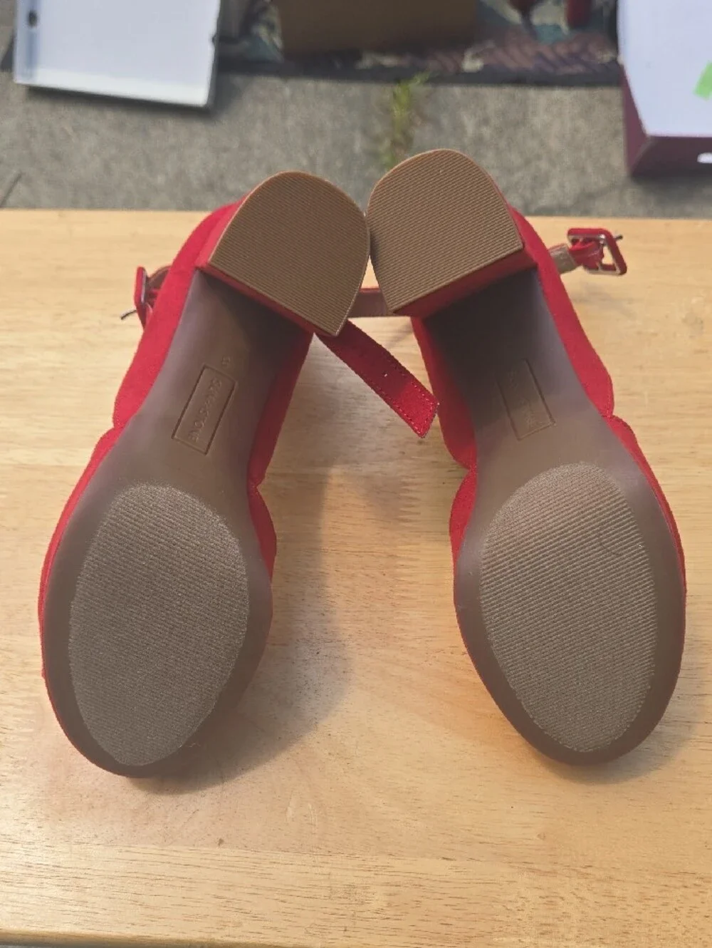Sun + Stone Red Suede Peep-Toe Ankle Strap Heels